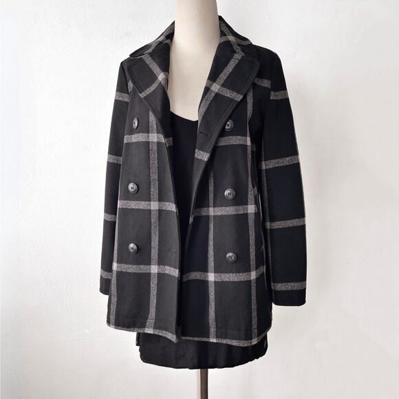 Gap Wool Blend Buffalo Plaid Peacoat Jacket Size S Black White Academia - Picture 6 of 11